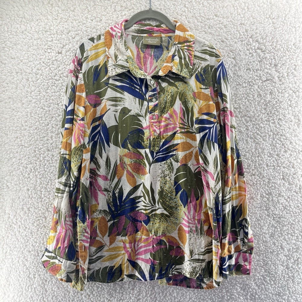 Denim &‎ Co Naturals Button Up Women's Large Linen Blend Multicolor Tropical